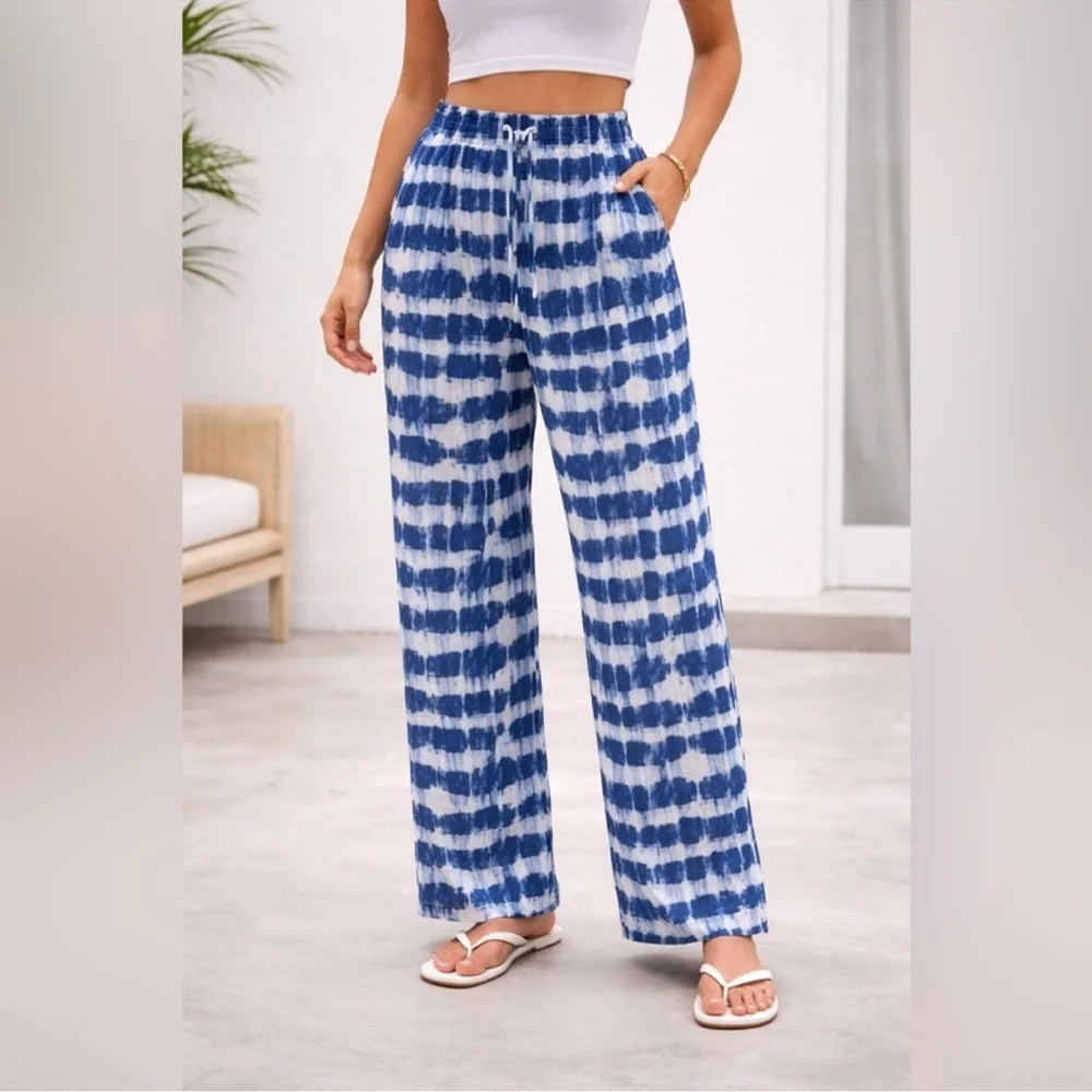 Banana Republic 100% LINEN WIDE LEG ANKLE PANT NWT Blue Shibori size L Coastal